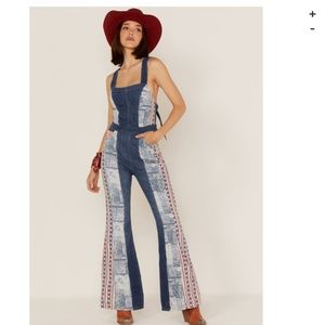 Free People Women's Medium Wash Patchwork Dallas Denim Jumpsuit